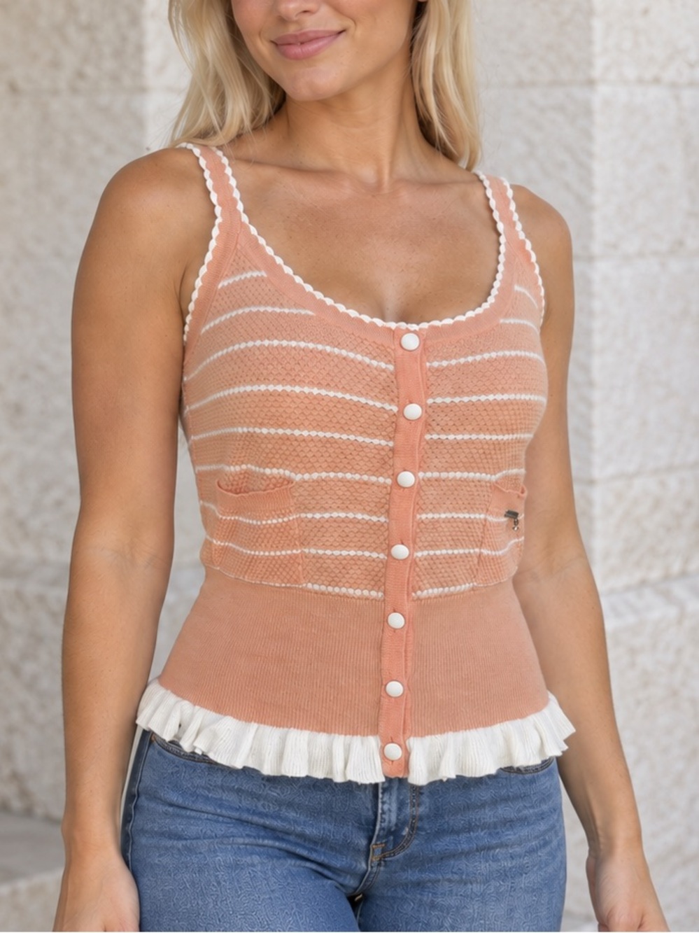 GUESS Jeans Peach Striped Knit Tank Top Button Front Scalloped Trim Ruffle Hem